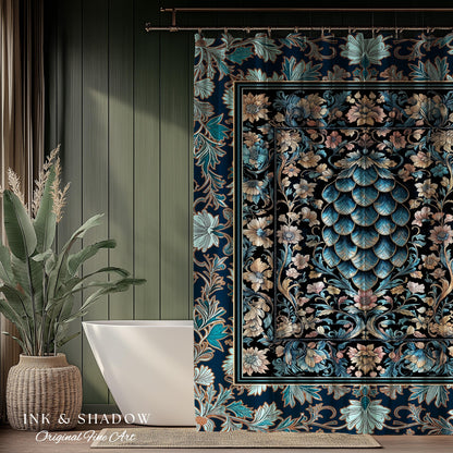Indigo Magic Royal Shower Curtain | Dark Academia Accent Colorful Botanical Bathroom Elegant Ornate Dragon Scale Fairytale Medieval Style |