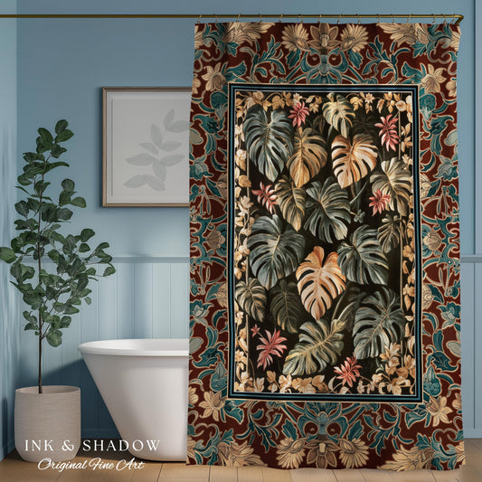 Moody Monstera Shower Curtain | Enchanting Forest Tropical Houseplant Bathroom Decor Witchy Maximalist Aesthetic Dark Academia Folklore Boho