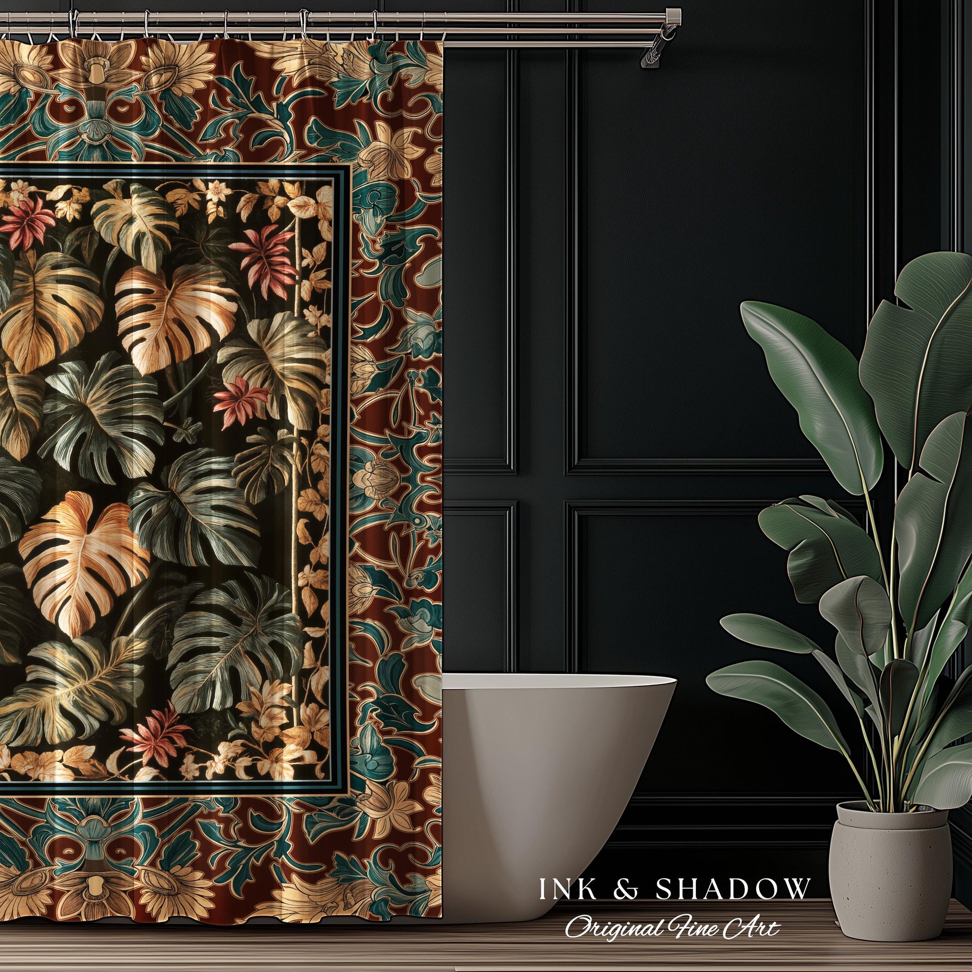 house plant shower curtain Moody Monstera Shower Curtain