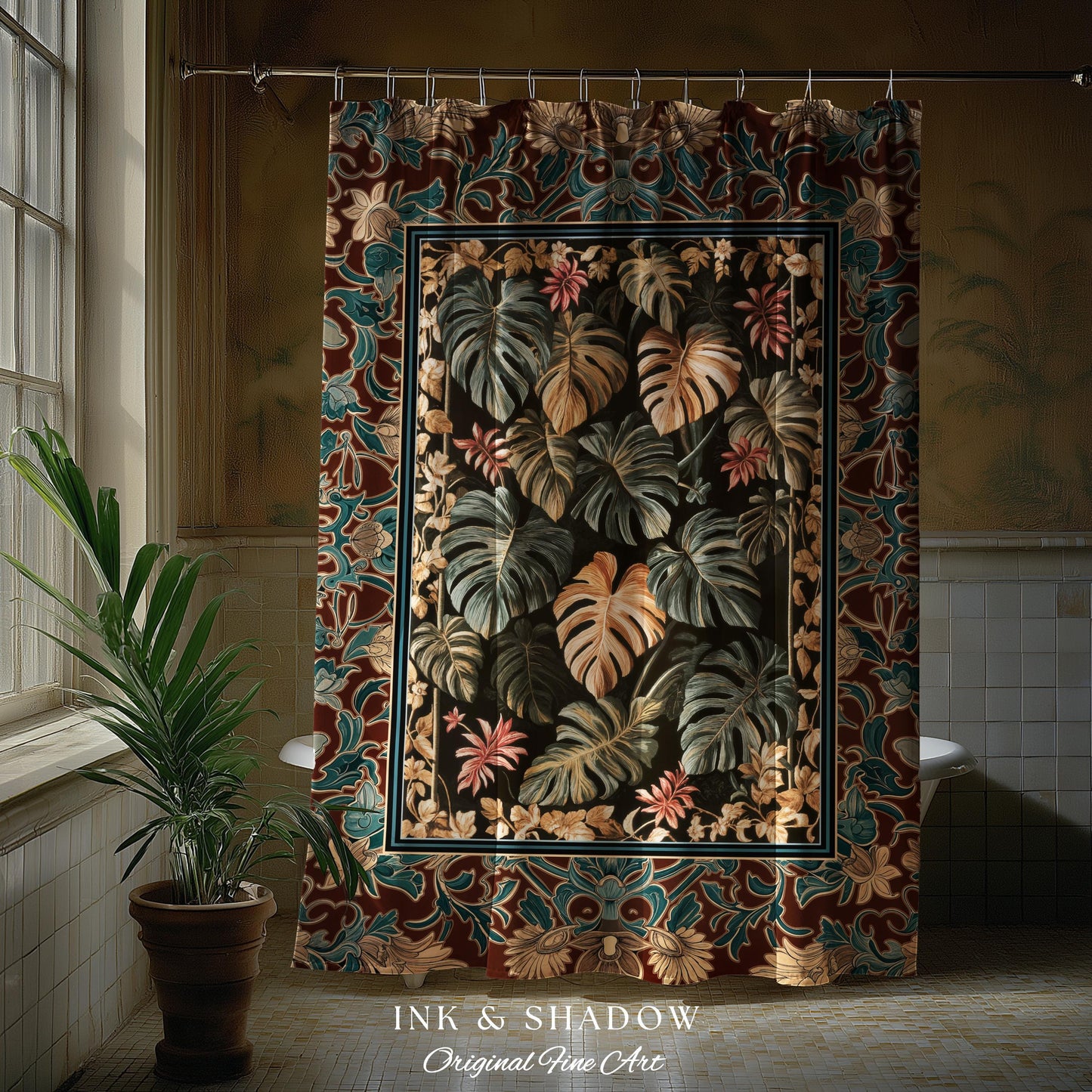 Moody Monstera Shower Curtain | Enchanting Forest Tropical Houseplant Bathroom Decor Witchy Maximalist Aesthetic Dark Academia Folklore Boho