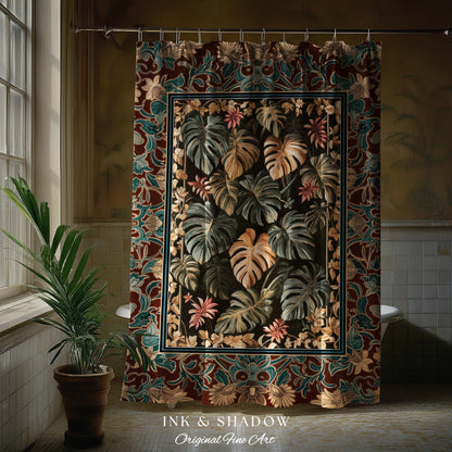 Moody Monstera Shower Curtain | Enchanting Forest Tropical Houseplant Bathroom Decor Witchy Maximalist Aesthetic Dark Academia Folklore Boho