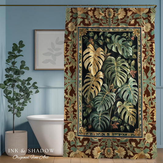 Witchy Forest Tropical Monstera Shower Curtain | Whimsical Houseplant Bathroom Decor Maximalist Dark Cottagecore Enchanting Witch Aesthetic