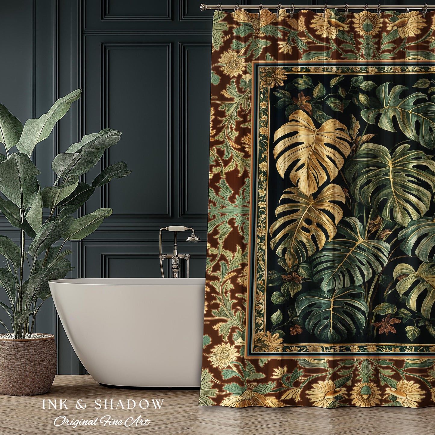 Witchy Forest Tropical Monstera Shower Curtain | Whimsical Houseplant Bathroom Decor Maximalist Dark Cottagecore Enchanting Witch Aesthetic