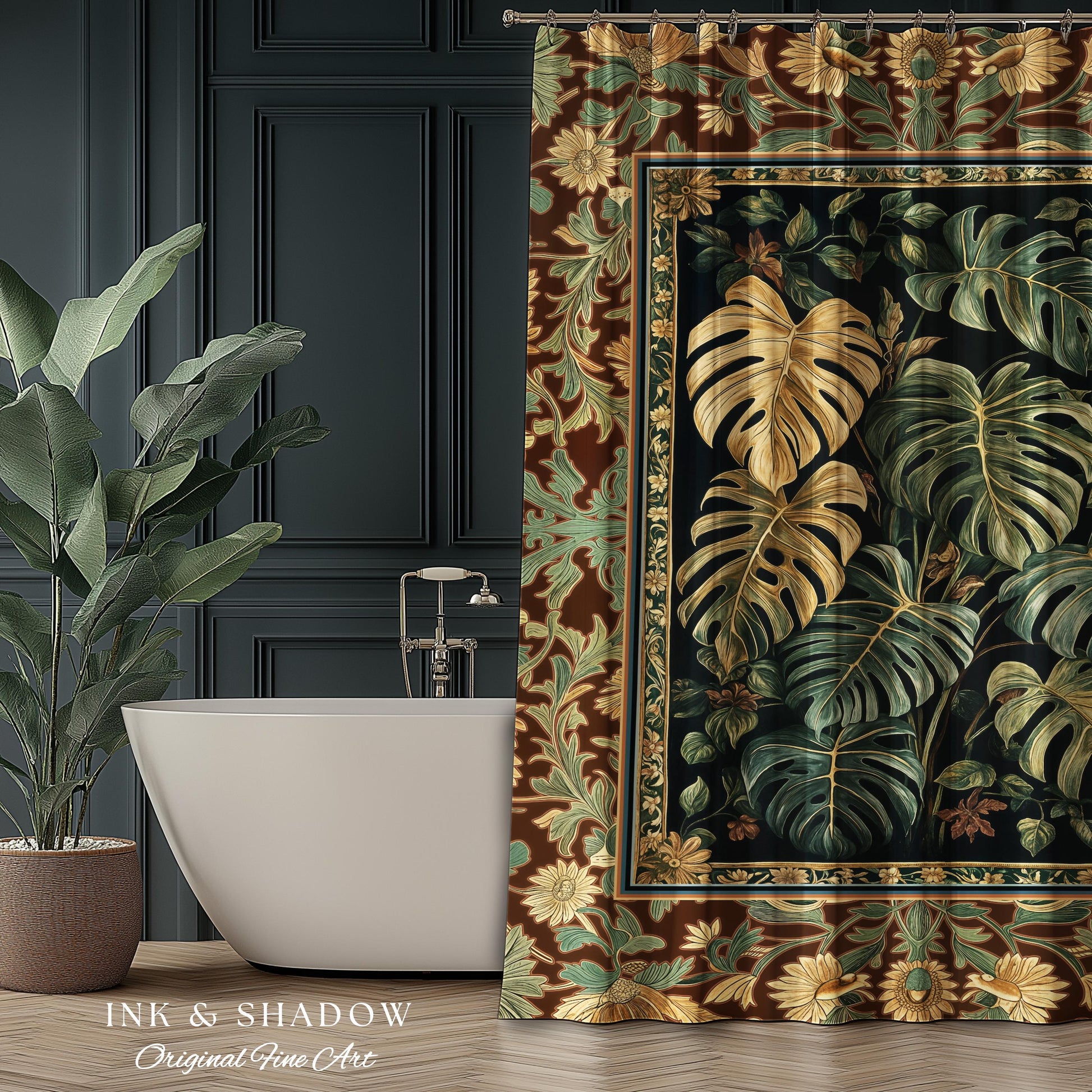 Witchy Forest Tropical Monstera Shower Curtain | Whimsical Houseplant Bathroom Decor Maximalist Dark Cottagecore Enchanting Witch Aesthetic