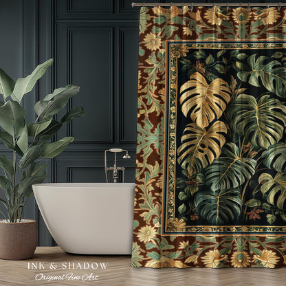Witchy Forest Tropical Monstera Shower Curtain | Whimsical Houseplant Bathroom Decor Maximalist Dark Cottagecore Enchanting Witch Aesthetic