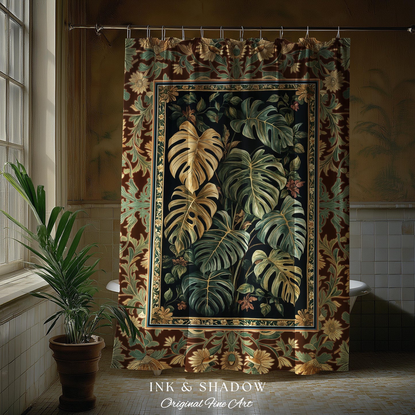 Witchy Forest Tropical Monstera Shower Curtain | Whimsical Houseplant Bathroom Decor Maximalist Dark Cottagecore Enchanting Witch Aesthetic