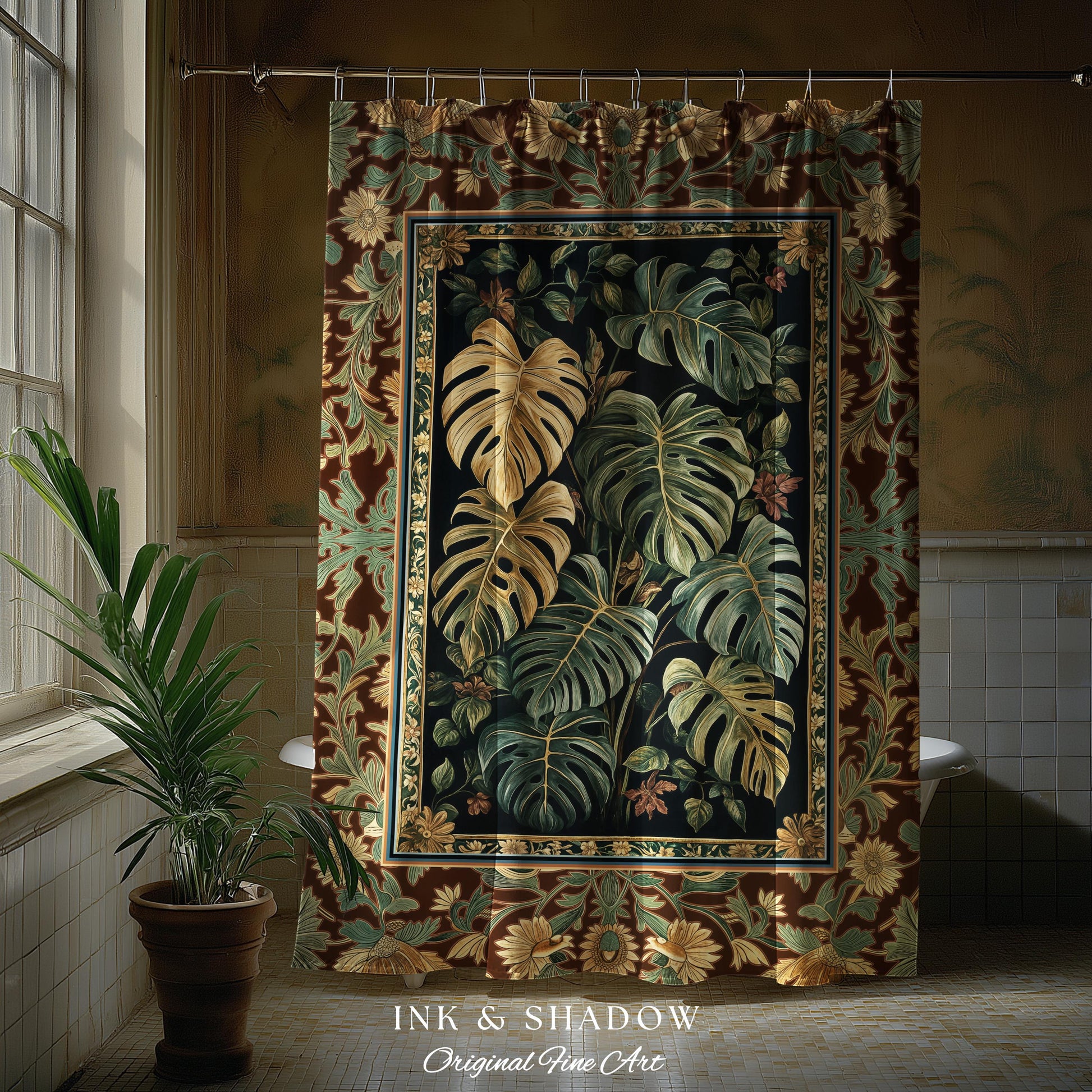 Witchy Forest Tropical Monstera Shower Curtain | Whimsical Houseplant Bathroom Decor Maximalist Dark Cottagecore Enchanting Witch Aesthetic