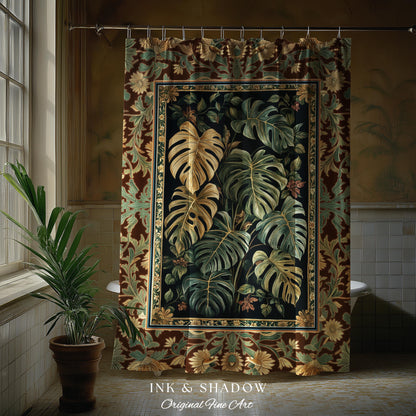 Witchy Forest Tropical Monstera Shower Curtain | Whimsical Houseplant Bathroom Decor Maximalist Dark Cottagecore Enchanting Witch Aesthetic