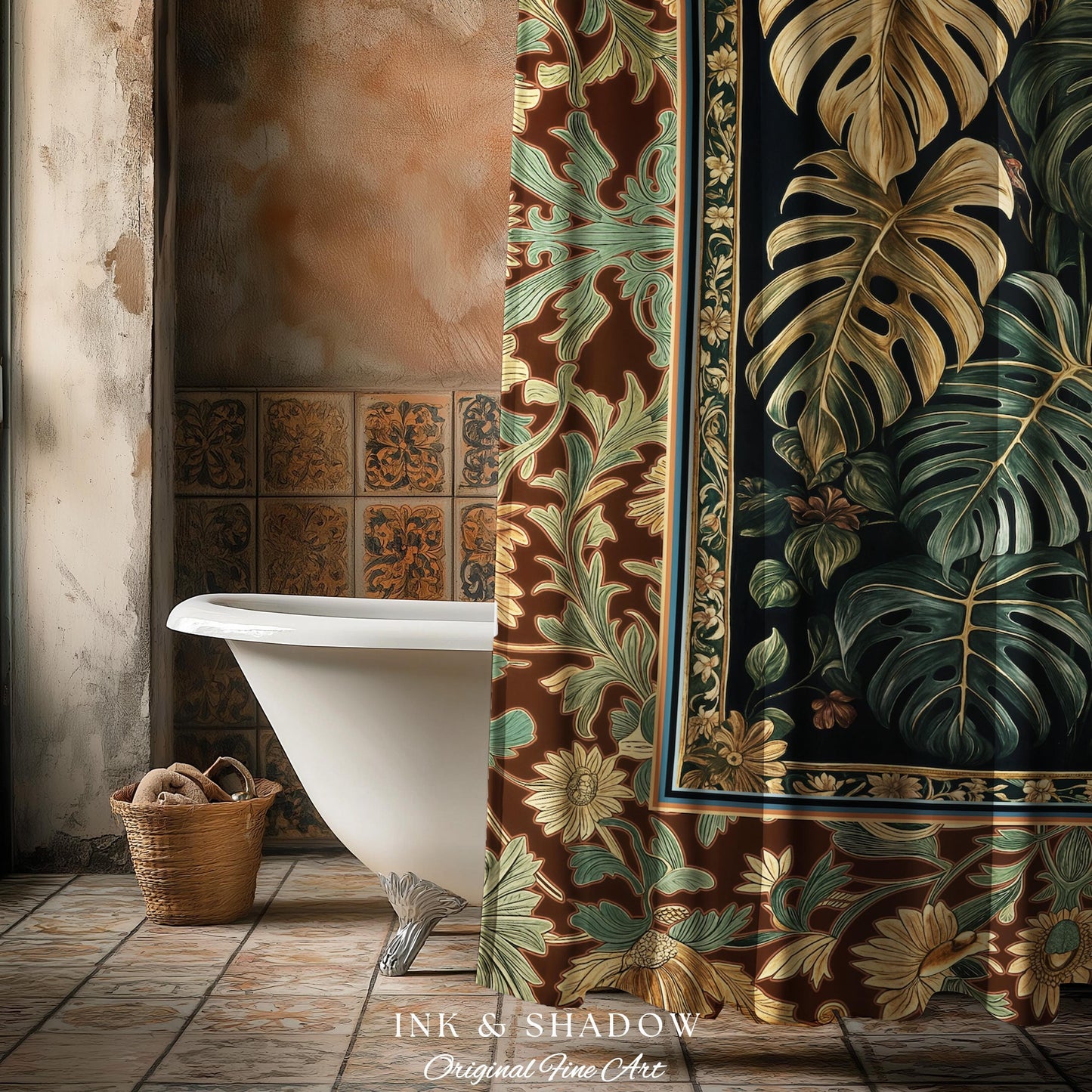 Witchy Forest Tropical Monstera Shower Curtain | Whimsical Houseplant Bathroom Decor Maximalist Dark Cottagecore Enchanting Witch Aesthetic