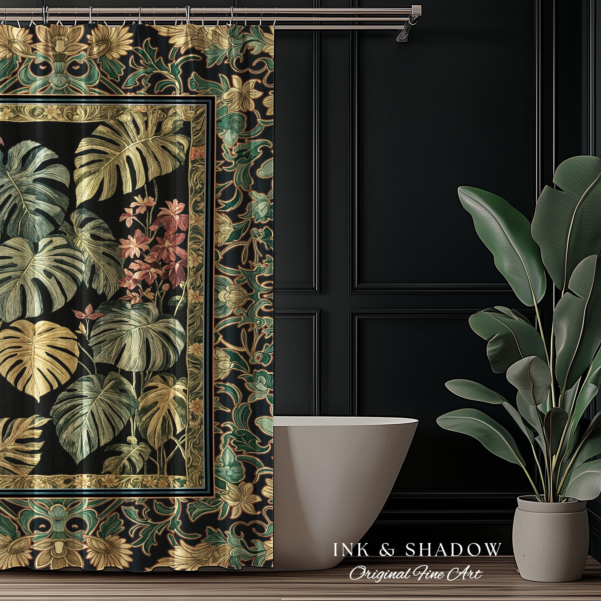 Monstera Forest Maximalist Botanical Shower Curtain | Dark Cottagecore Woodland Houseplant Bathroom Decor Whimsigothic Dark Academia Style |