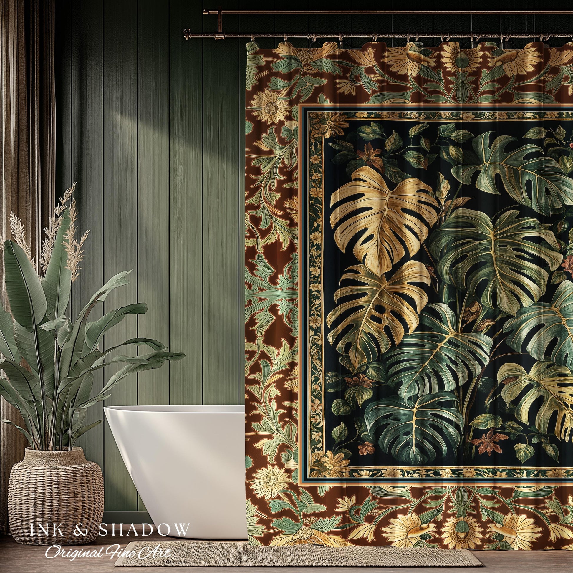 Witchy Forest Tropical Monstera Shower Curtain | Whimsical Houseplant Bathroom Decor Maximalist Dark Cottagecore Enchanting Witch Aesthetic