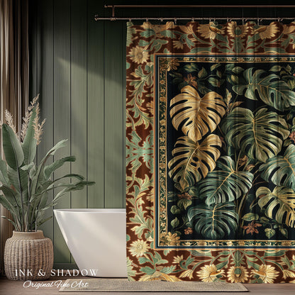 Witchy Forest Tropical Monstera Shower Curtain | Whimsical Houseplant Bathroom Decor Maximalist Dark Cottagecore Enchanting Witch Aesthetic