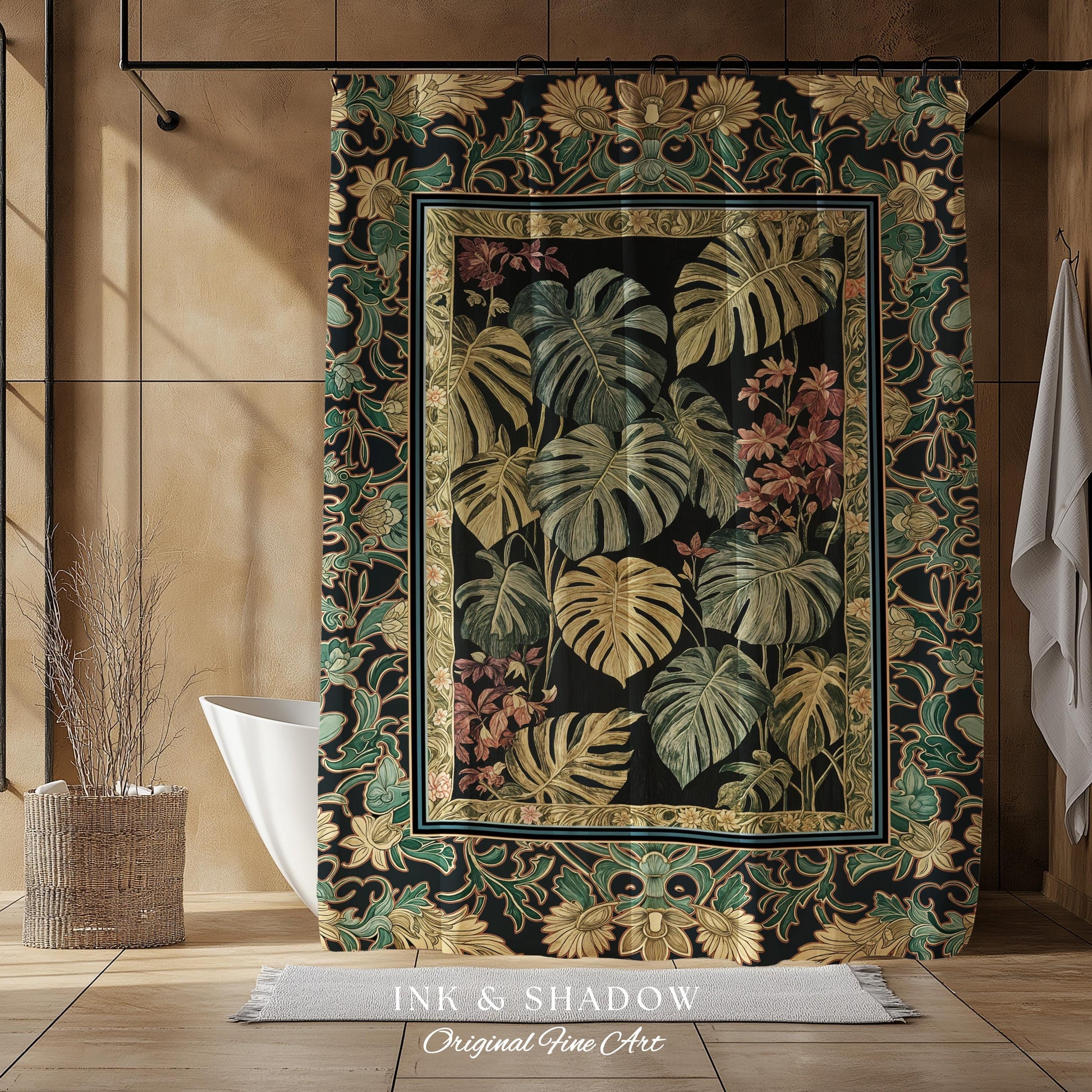 Monstera Forest Maximalist Botanical Shower Curtain | Dark Cottagecore Woodland Houseplant Bathroom Decor Whimsigothic Dark Academia Style |