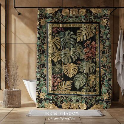 Monstera Forest Maximalist Botanical Shower Curtain | Dark Cottagecore Woodland Houseplant Bathroom Decor Whimsigothic Dark Academia Style |