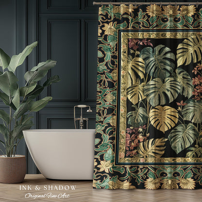 Monstera Forest Maximalist Botanical Shower Curtain | Dark Cottagecore Woodland Houseplant Bathroom Decor Whimsigothic Dark Academia Style |