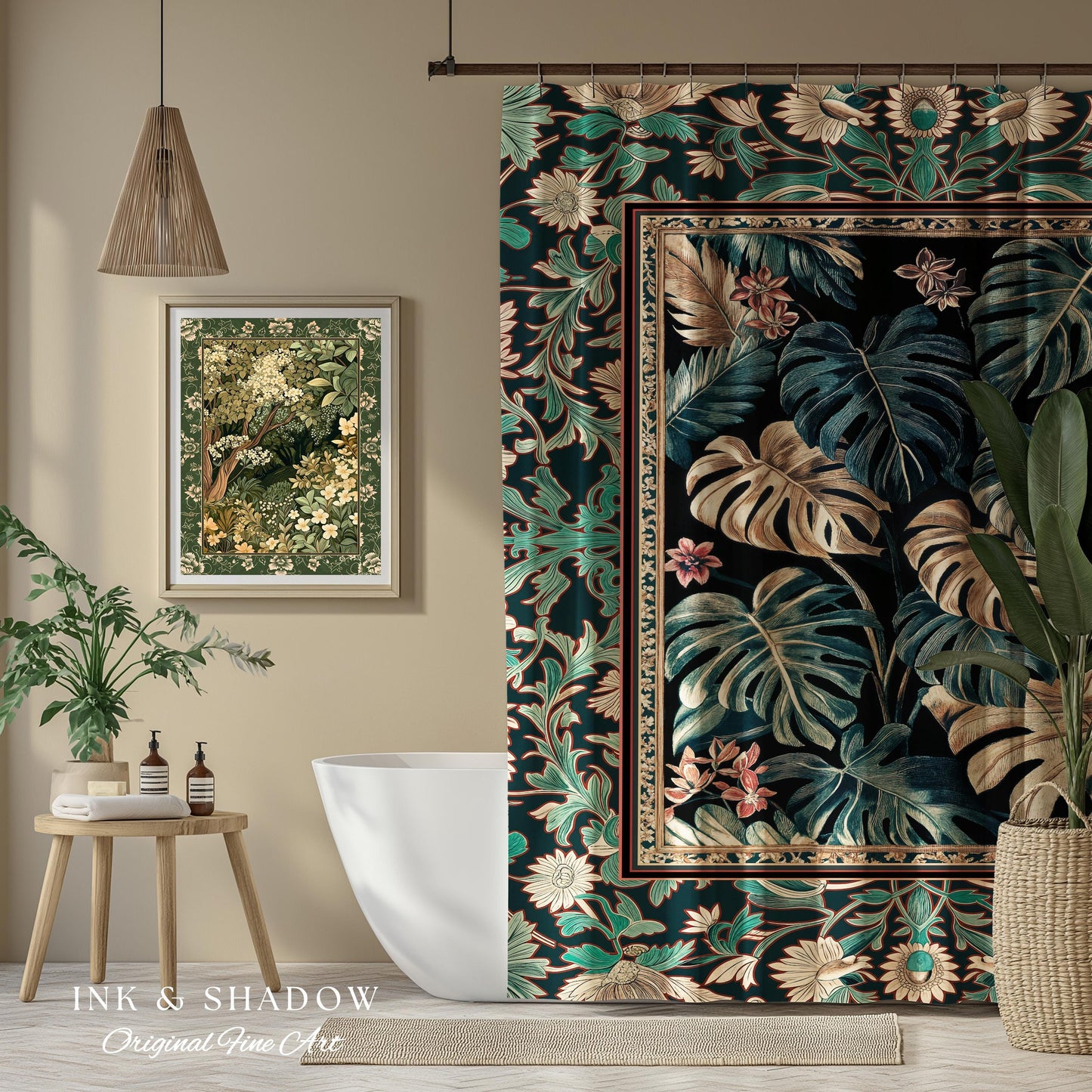 Dark Forest Whimsical Woodland Shower Curtain | Houseplant Bathroom Decor Baroque Aesthetic Dark Academia Accent Fairycore Ethereal Style |