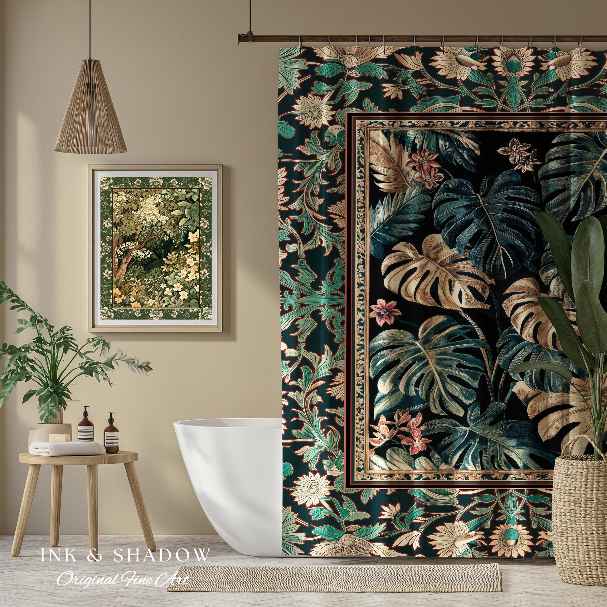 Dark Forest Whimsical Woodland Shower Curtain | Houseplant Bathroom Decor Baroque Aesthetic Dark Academia Accent Fairycore Ethereal Style |