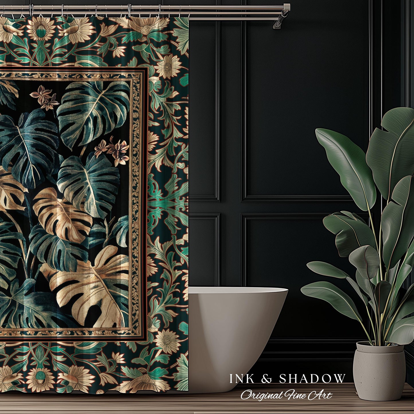 Dark Forest Whimsical Woodland Shower Curtain | Houseplant Bathroom Decor Baroque Aesthetic Dark Academia Accent Fairycore Ethereal Style |
