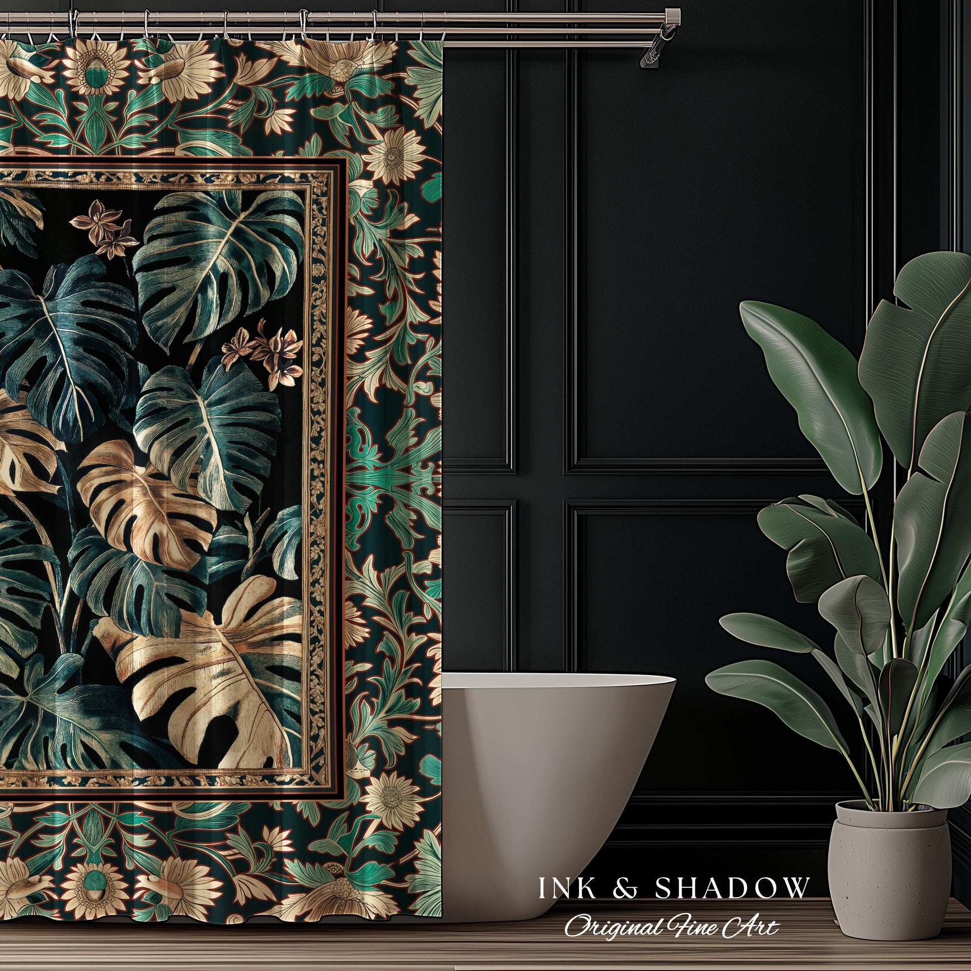 Dark Forest Whimsical Woodland Shower Curtain | Houseplant Bathroom Decor Baroque Aesthetic Dark Academia Accent Fairycore Ethereal Style |