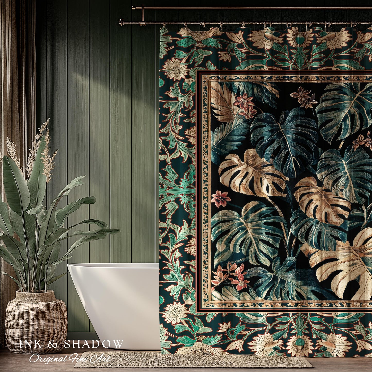 Dark Forest Whimsical Woodland Shower Curtain | Houseplant Bathroom Decor Baroque Aesthetic Dark Academia Accent Fairycore Ethereal Style |