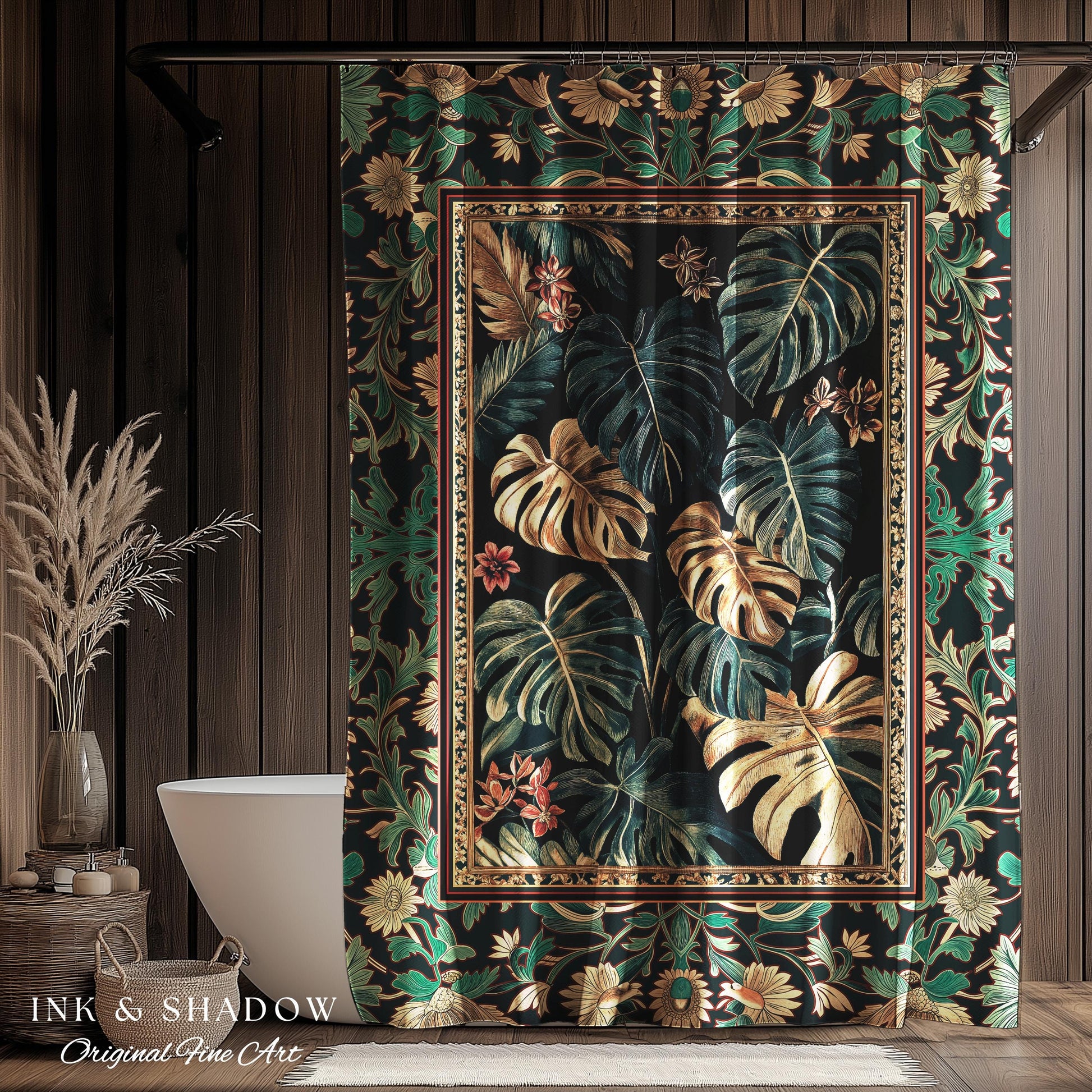 Dark Forest Whimsical Woodland Shower Curtain | Houseplant Bathroom Decor Baroque Aesthetic Dark Academia Accent Fairycore Ethereal Style |