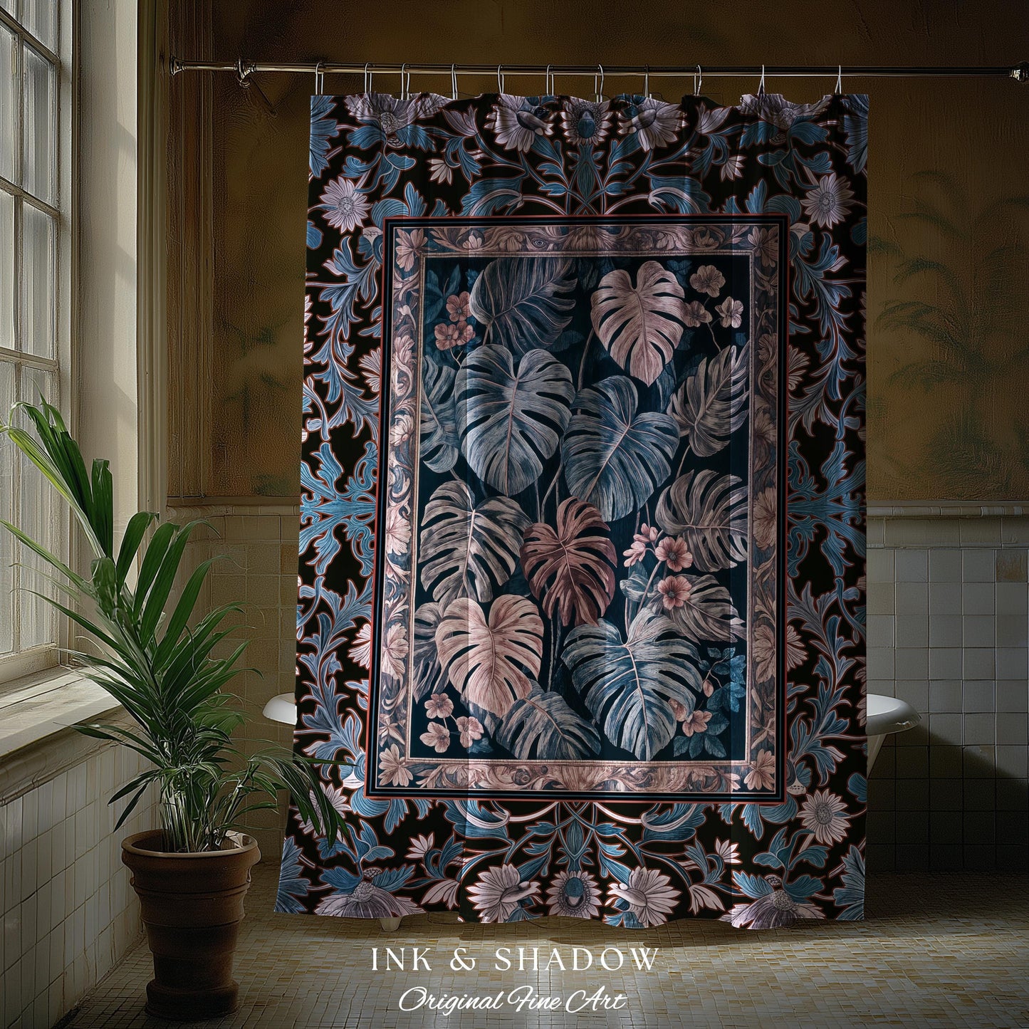 Cool Hues Eclectic Shower Curtain | Monstera Houseplant Decor Whimsical Gothic Aesthetic Bathroom Decor Dark Academia Forestcore Purple |