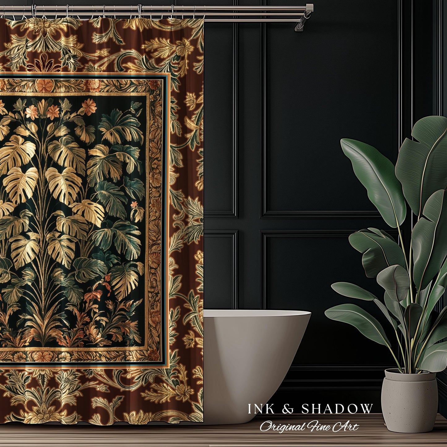 Rustic Renaissance Aesthetic Monstera Jungle Shower Curtain | Dark Cottagecore Whimsy Woodland Bathroom Emerald Green Romantic Maximalist |