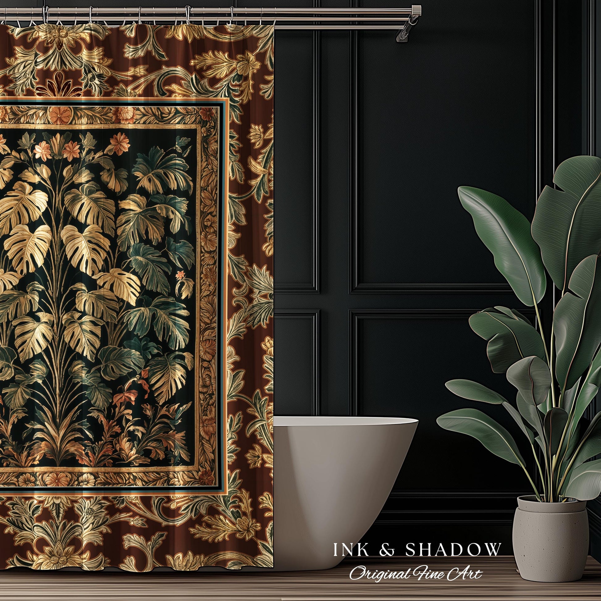Rustic Renaissance Aesthetic Monstera Jungle Shower Curtain | Dark Cottagecore Whimsy Woodland Bathroom Emerald Green Romantic Maximalist |