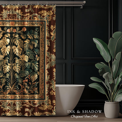 Rustic Renaissance Aesthetic Monstera Jungle Shower Curtain | Dark Cottagecore Whimsy Woodland Bathroom Emerald Green Romantic Maximalist |