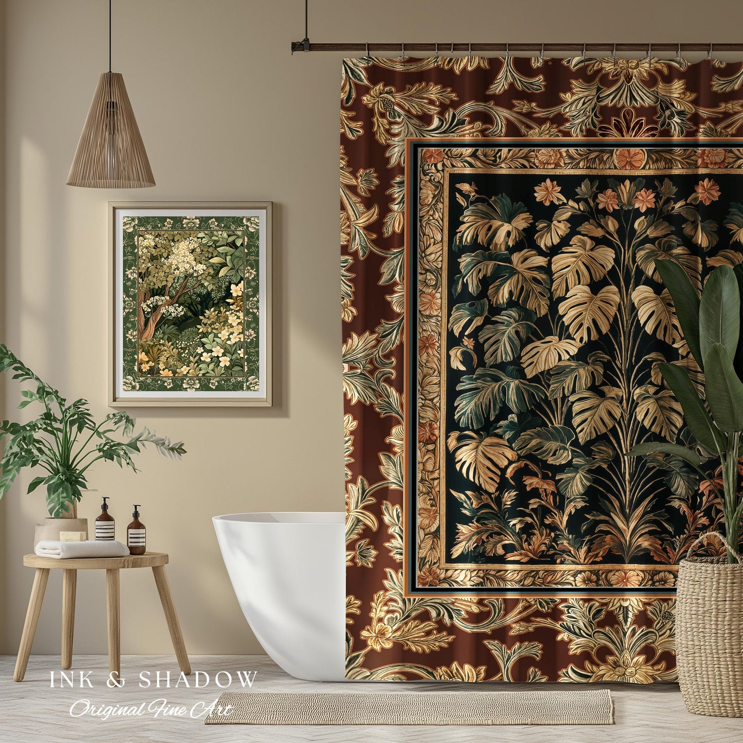 Rustic Renaissance Aesthetic Monstera Jungle Shower Curtain | Dark Cottagecore Whimsy Woodland Bathroom Emerald Green Romantic Maximalist |