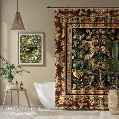 Rustic Renaissance Aesthetic Monstera Jungle Shower Curtain | Dark Cottagecore Whimsy Woodland Bathroom Emerald Green Romantic Maximalist |