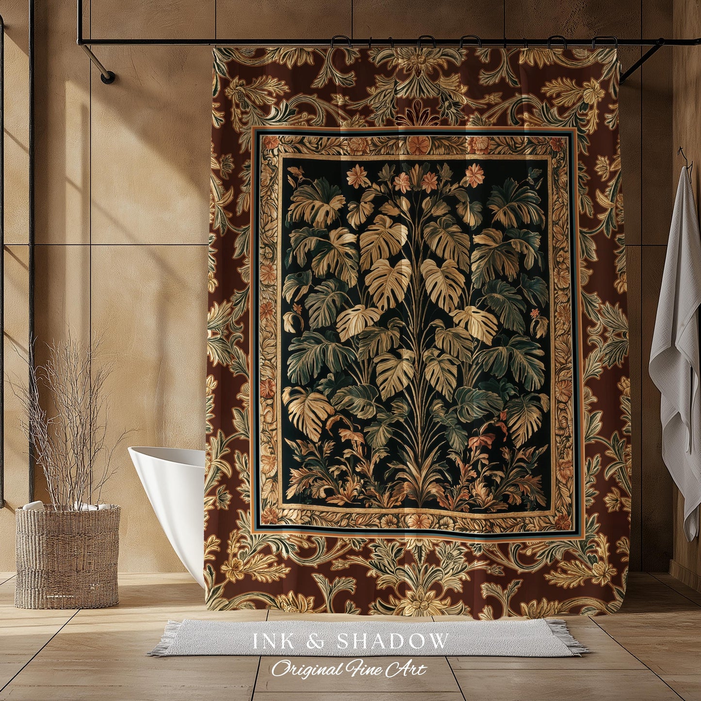 Rustic Renaissance Aesthetic Monstera Jungle Shower Curtain | Dark Cottagecore Whimsy Woodland Bathroom Emerald Green Romantic Maximalist |
