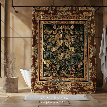 Rustic Renaissance Aesthetic Monstera Jungle Shower Curtain | Dark Cottagecore Whimsy Woodland Bathroom Emerald Green Romantic Maximalist |