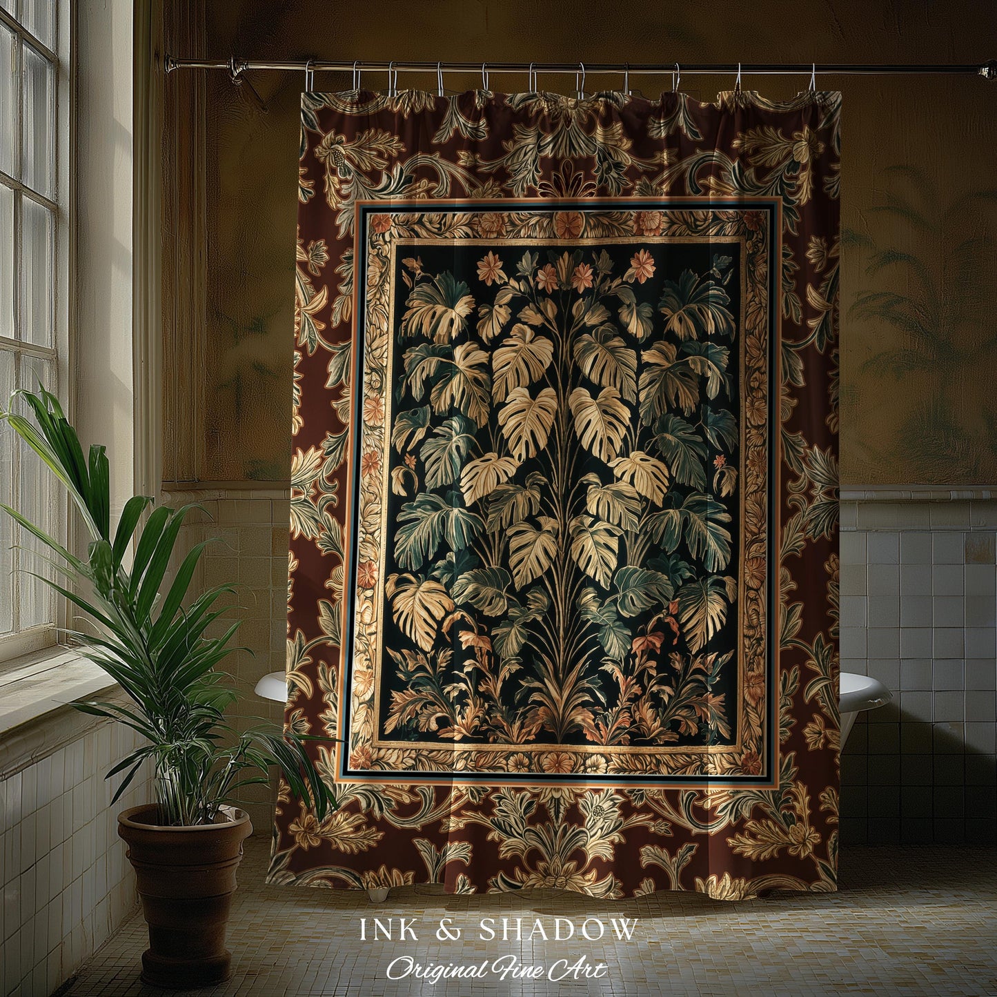Rustic Renaissance Aesthetic Monstera Jungle Shower Curtain | Dark Cottagecore Whimsy Woodland Bathroom Emerald Green Romantic Maximalist |