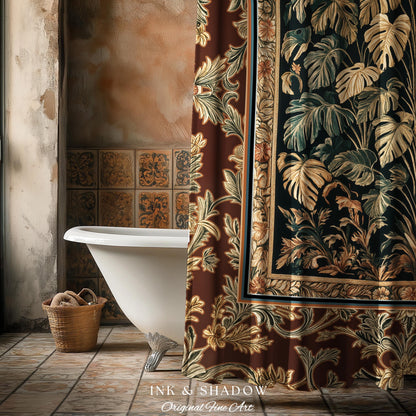 Rustic Renaissance Aesthetic Monstera Jungle Shower Curtain | Dark Cottagecore Whimsy Woodland Bathroom Emerald Green Romantic Maximalist |