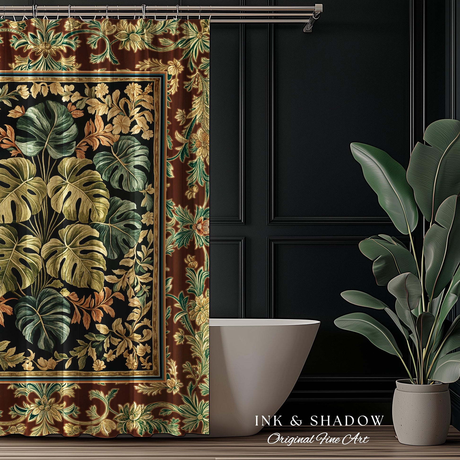 Elegant Tropical Forest Shower Curtain | Woodland Whimsy Botanical Bathroom Emerald Green Romantic Home Decor Tropical Eclectic Aesthetic |
