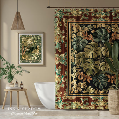 Elegant Tropical Forest Shower Curtain | Woodland Whimsy Botanical Bathroom Emerald Green Romantic Home Decor Tropical Eclectic Aesthetic |