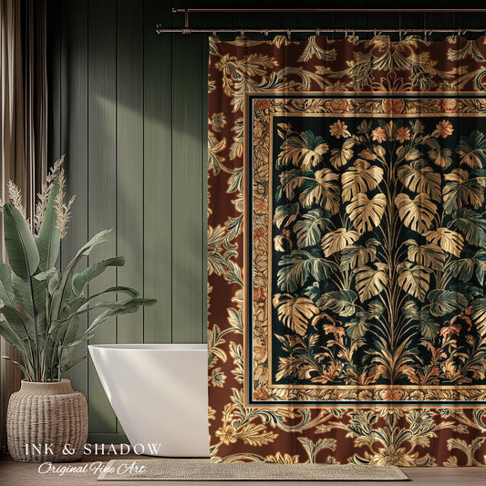 Rustic Renaissance Aesthetic Monstera Jungle Shower Curtain | Dark Cottagecore Whimsy Woodland Bathroom Emerald Green Romantic Maximalist |