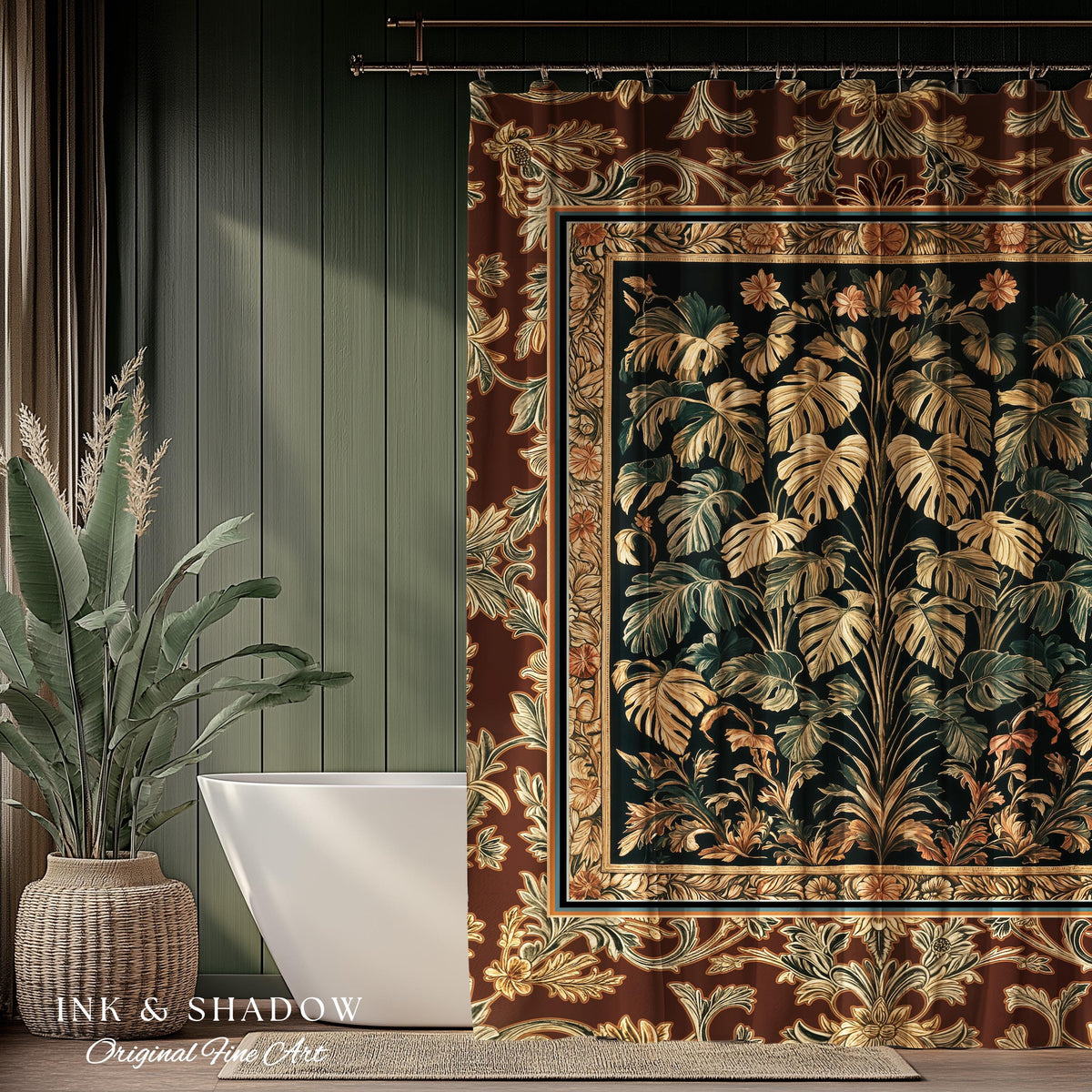 Rustic Renaissance Aesthetic Monstera Jungle Shower Curtain | Dark Cottagecore Whimsy Woodland Bathroom Emerald Green Romantic Maximalist |