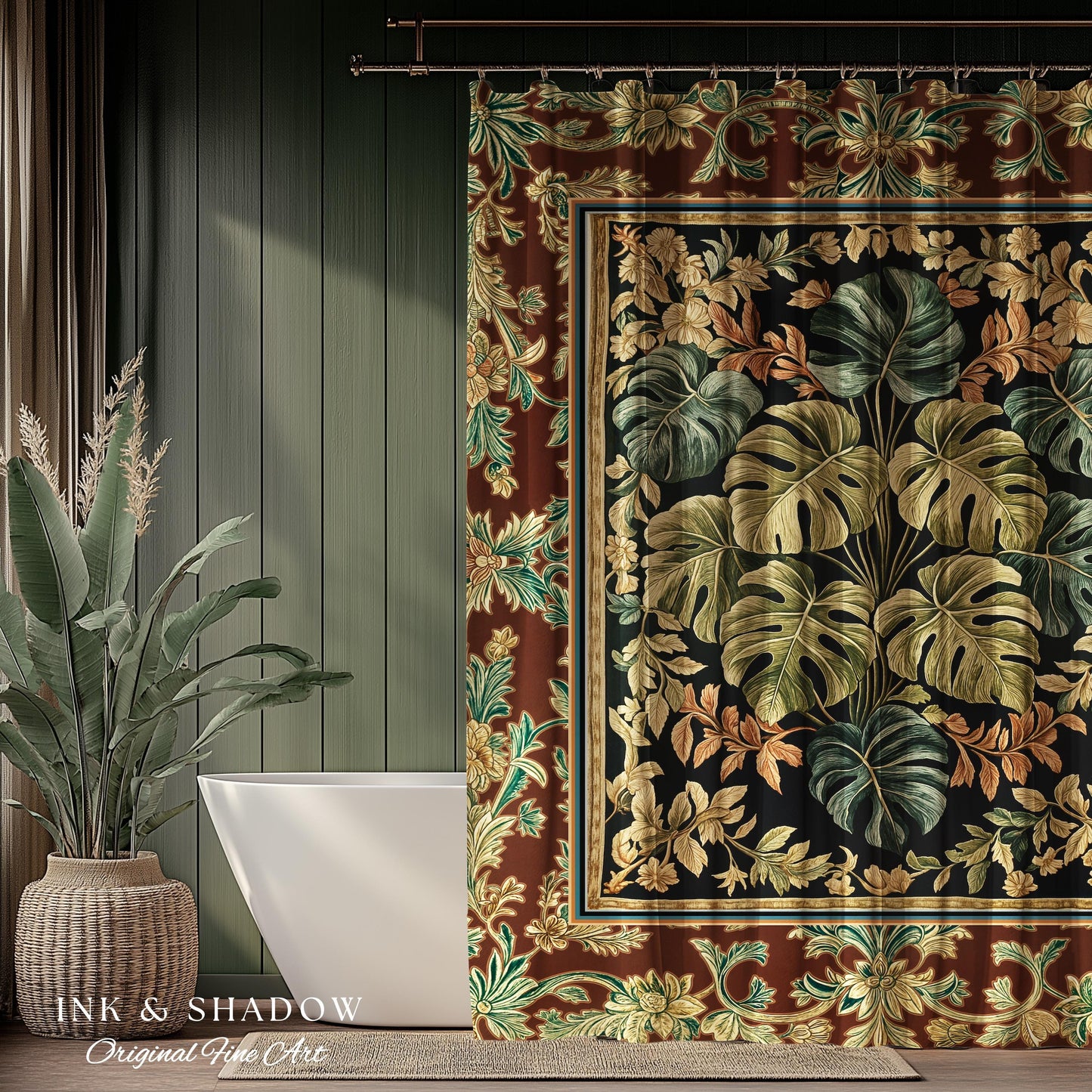 Elegant Tropical Forest Shower Curtain | Woodland Whimsy Botanical Bathroom Emerald Green Romantic Home Decor Tropical Eclectic Aesthetic |