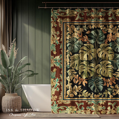 Elegant Tropical Forest Shower Curtain | Woodland Whimsy Botanical Bathroom Emerald Green Romantic Home Decor Tropical Eclectic Aesthetic |