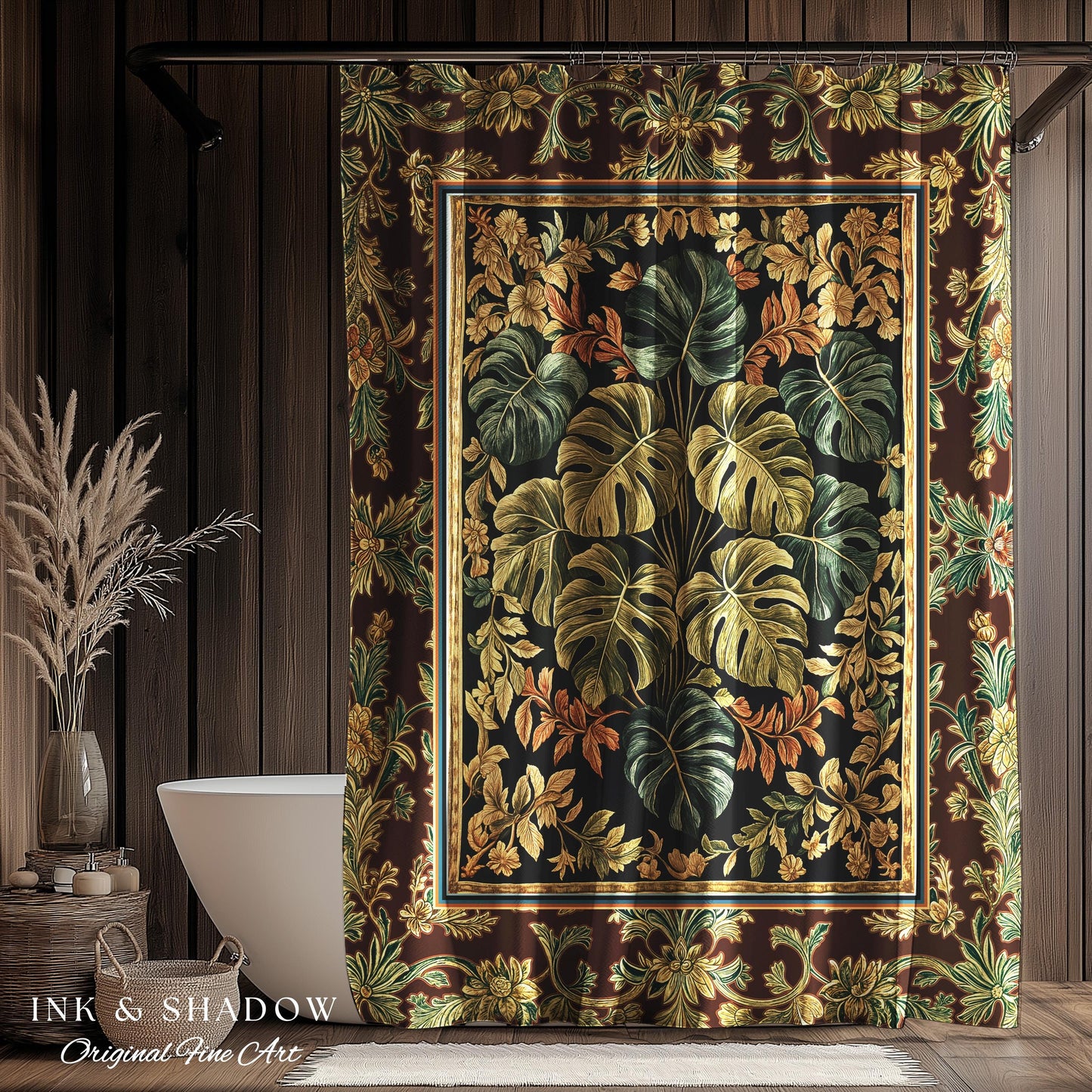 Elegant Tropical Forest Shower Curtain | Woodland Whimsy Botanical Bathroom Emerald Green Romantic Home Decor Tropical Eclectic Aesthetic |