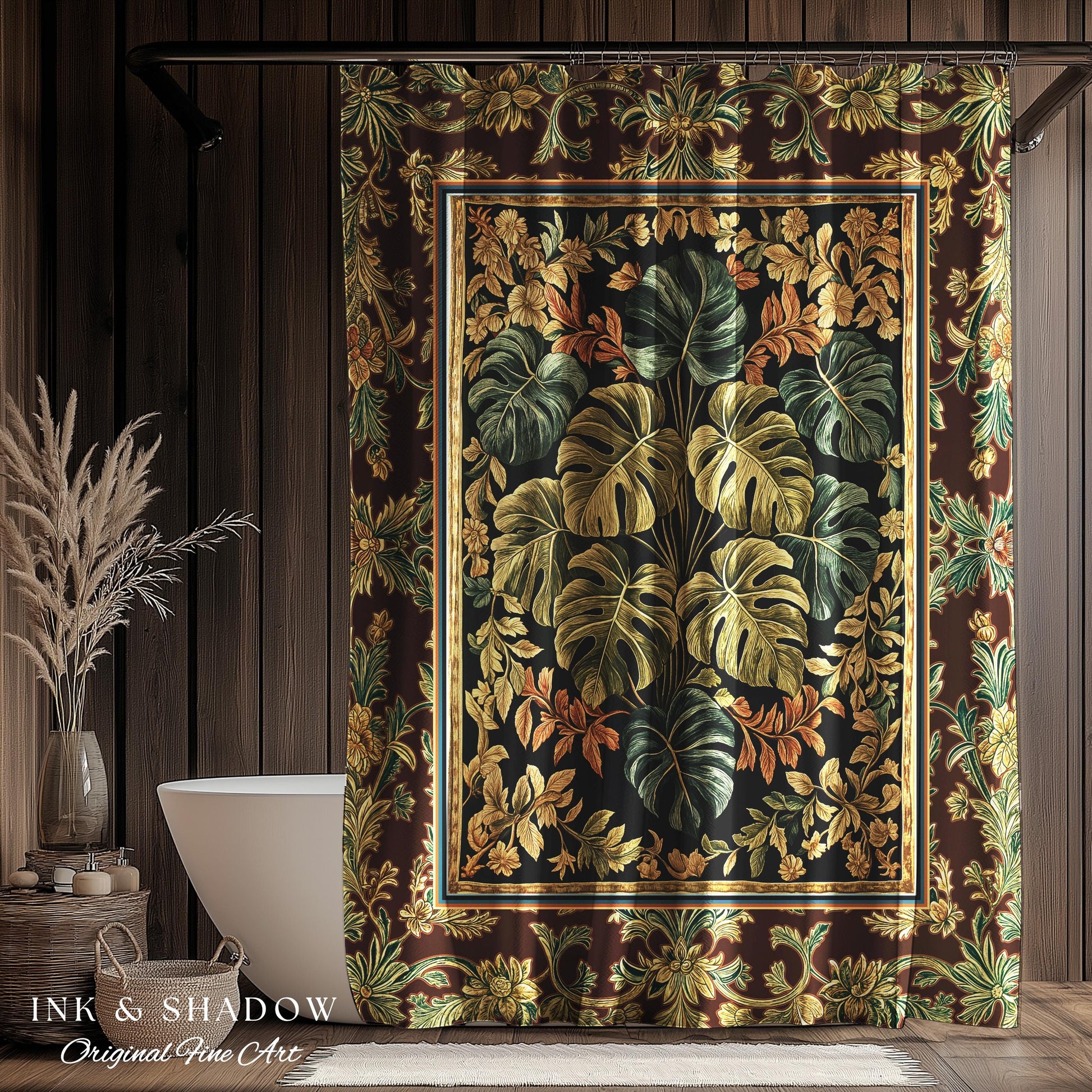 Elegant Tropical Forest Shower Curtain | Woodland Whimsy Botanical Bathroom Emerald Green Romantic Home Decor Tropical Eclectic Aesthetic |