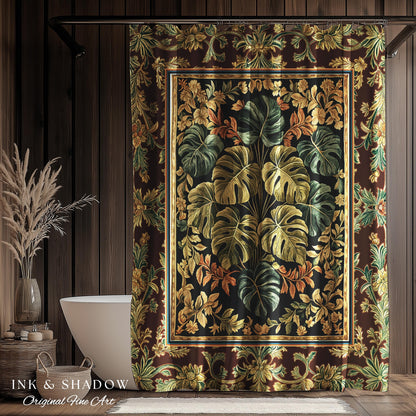Elegant Tropical Forest Shower Curtain | Woodland Whimsy Botanical Bathroom Emerald Green Romantic Home Decor Tropical Eclectic Aesthetic |