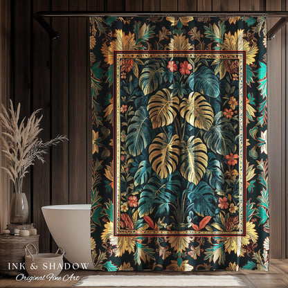 Romantic Tropigoth Shower Curtain | Woodland Victorian Floral Houseplant Whimsical Gothic Aesthetic Monstera Plant Lover Bathroom Decor Boho