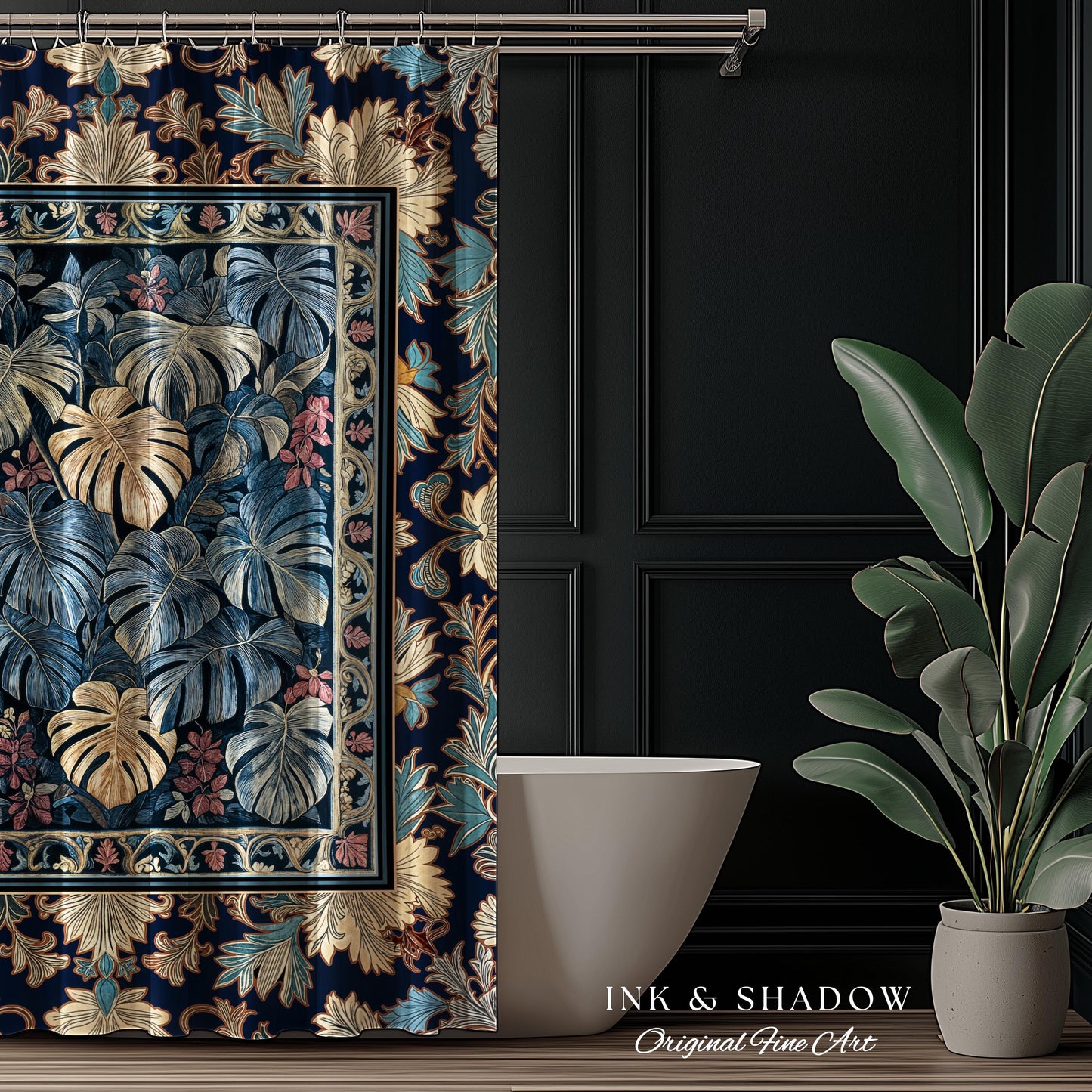 Monstera Magic Moody Shower Curtain | Dark Victorian Floral Eclectic Unique Houseplant Decor Whimsical Gothic Aesthetic Bathroom Decor |