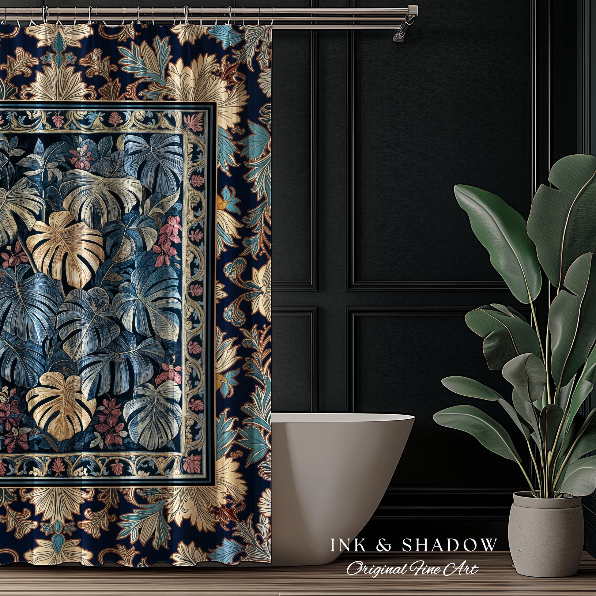 Monstera Magic Moody Shower Curtain | Dark Victorian Floral Eclectic Unique Houseplant Decor Whimsical Gothic Aesthetic Bathroom Decor |