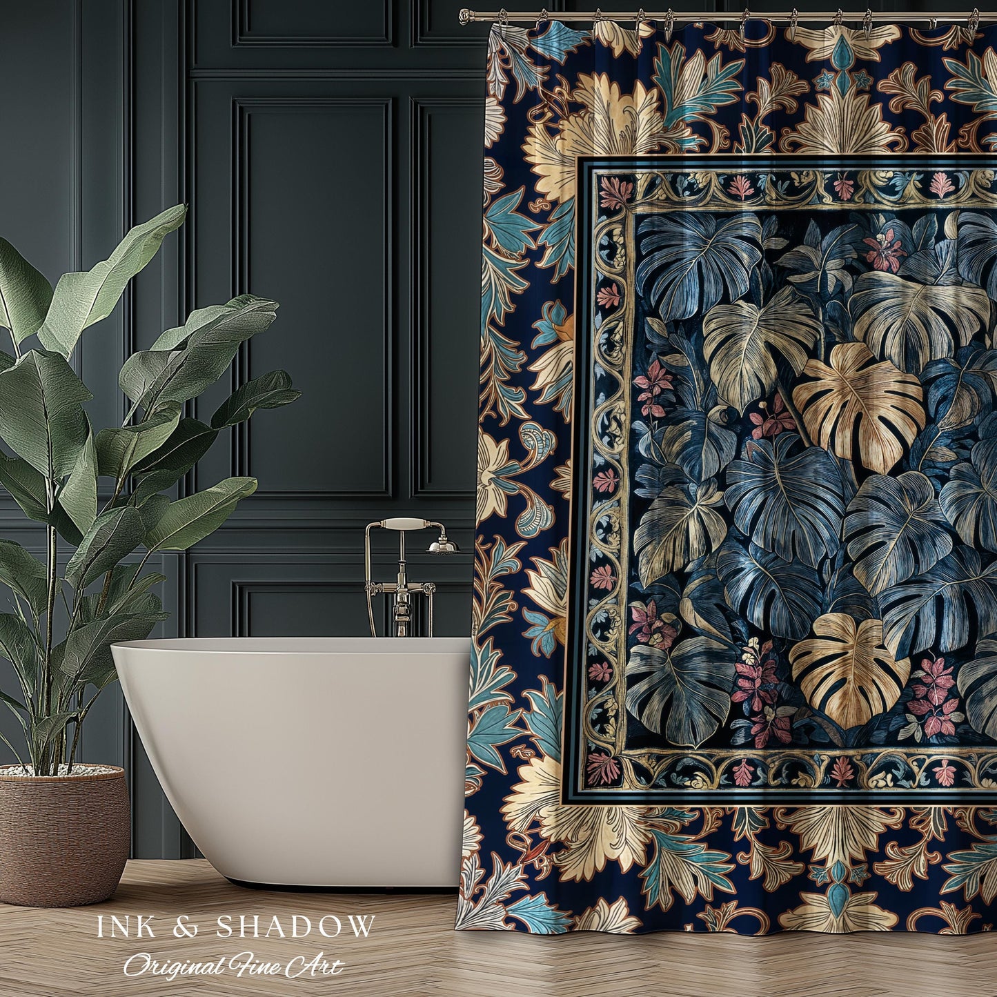 Monstera Magic Moody Shower Curtain | Dark Victorian Floral Eclectic Unique Houseplant Decor Whimsical Gothic Aesthetic Bathroom Decor |