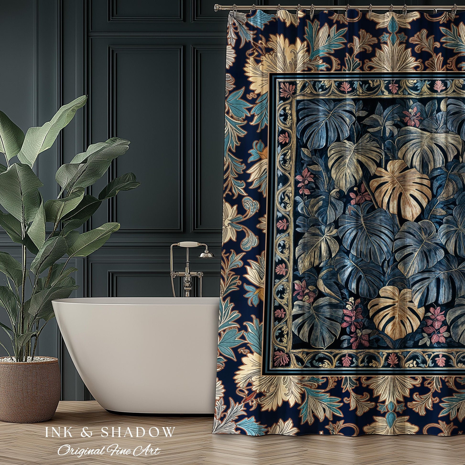 Monstera Magic Moody Shower Curtain | Dark Victorian Floral Eclectic Unique Houseplant Decor Whimsical Gothic Aesthetic Bathroom Decor |