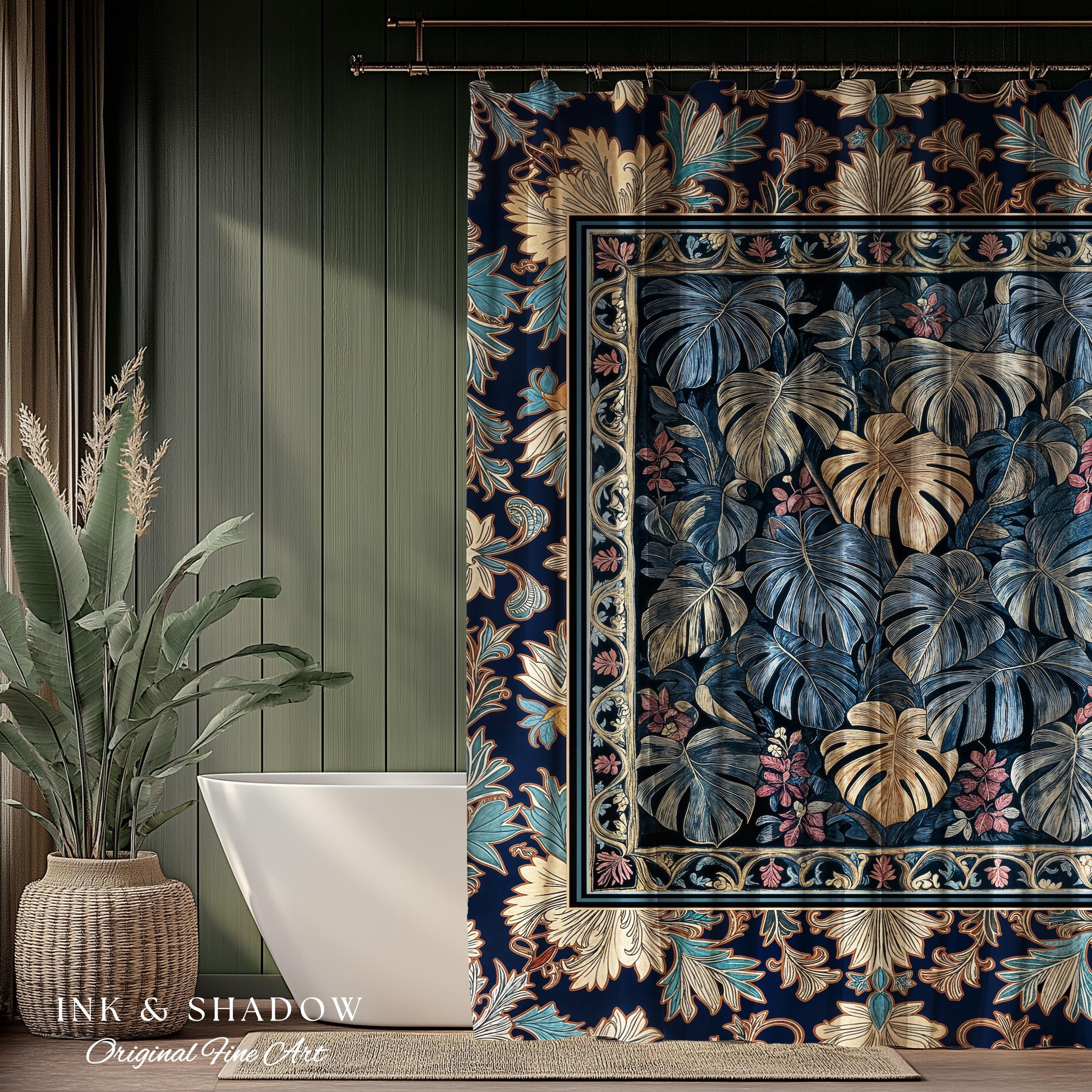Monstera Magic Moody Shower Curtain | Dark Victorian Floral Eclectic Unique Houseplant Decor Whimsical Gothic Aesthetic Bathroom Decor |